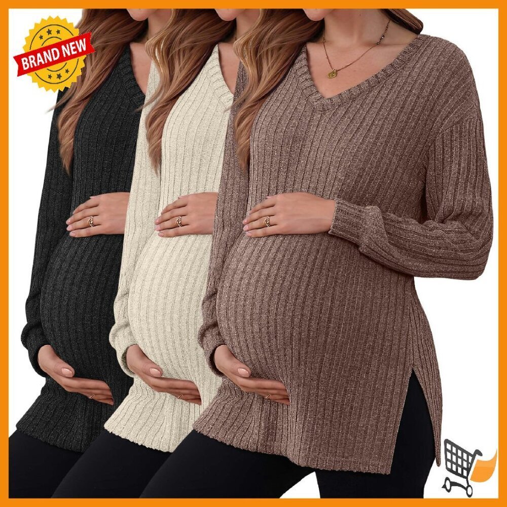 Long Sleeve V-Neck Maternity Sweater Ribbed Knit Side Split Loose Fit